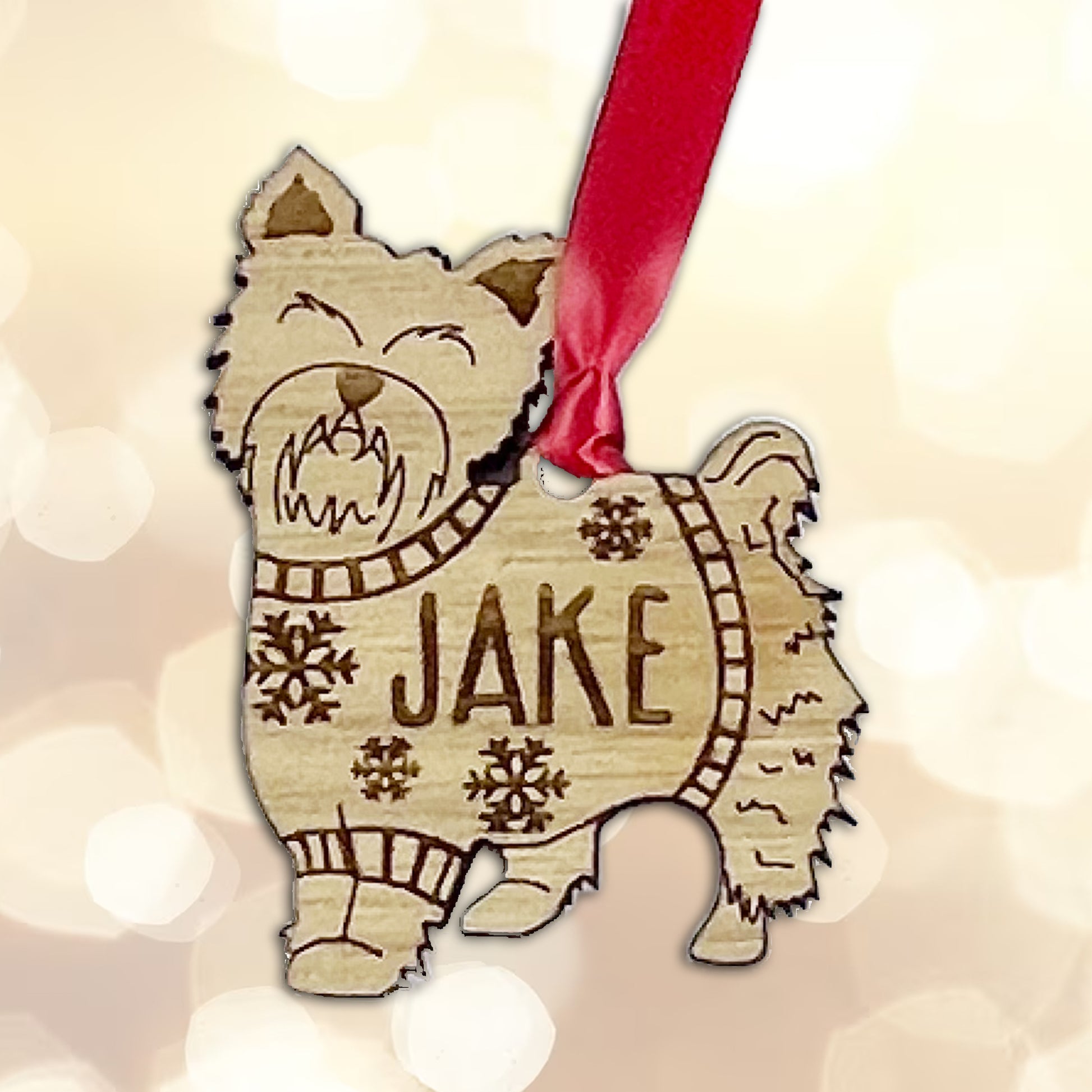 Personalised Yorkshire Terrier Bauble Jumper Dog Bauble - Oak Veneer Wood - Add any name