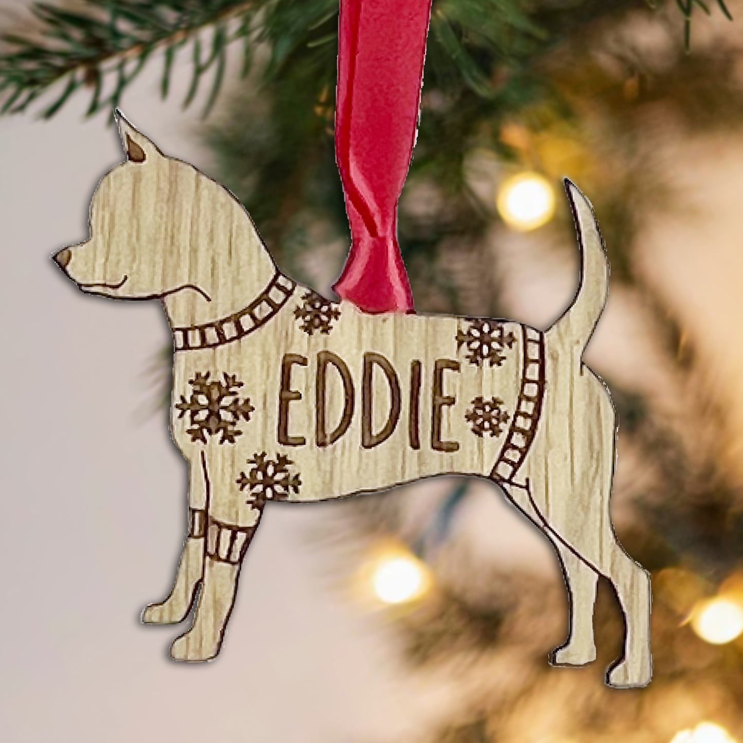 Personalised Smooth Coat Chihuahua Bauble Jumper Dog Bauble - Oak Veneer Wood - Add any name