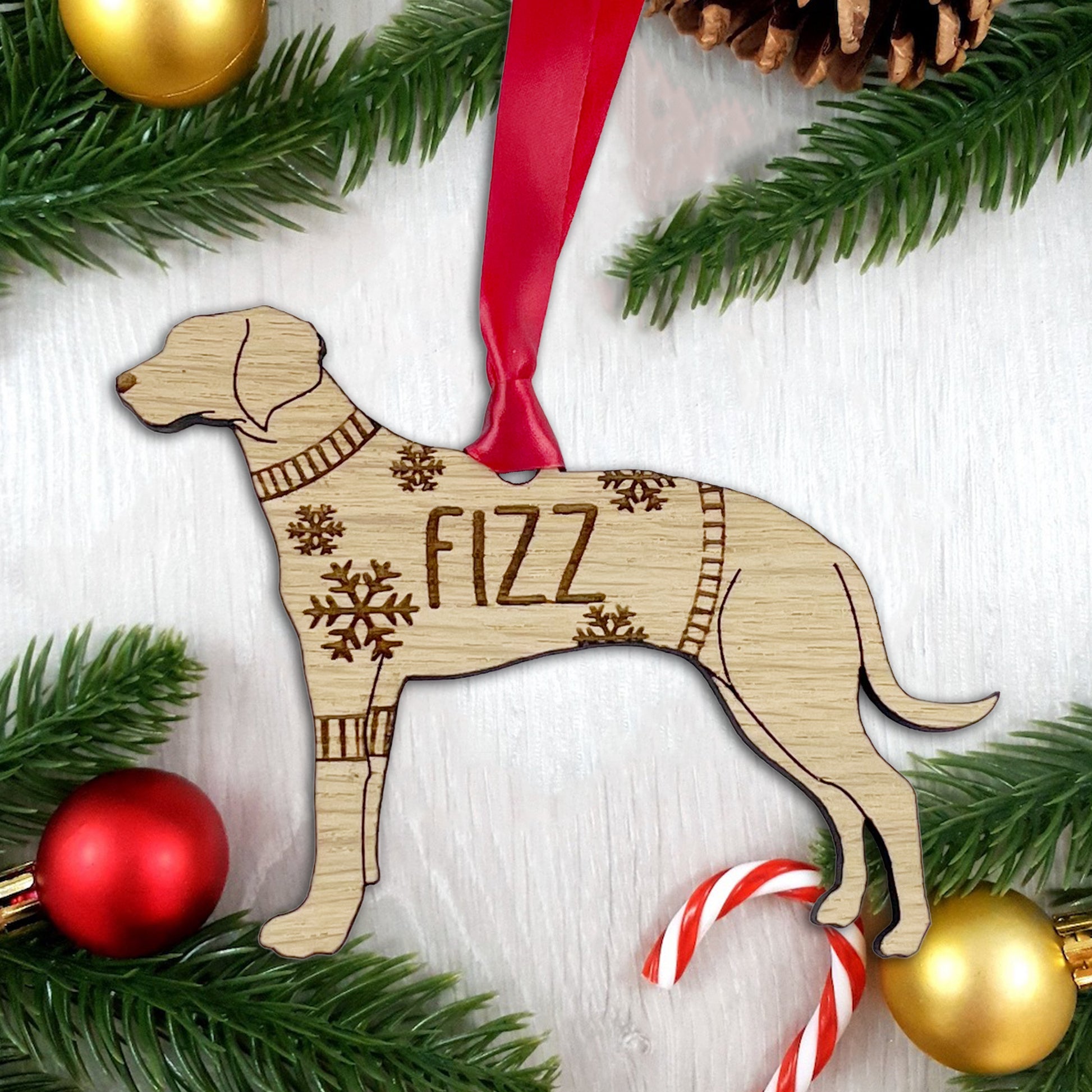 Personalised Rhodesian Bauble Jumper Dog Bauble - Oak Veneer Wood - Add any name