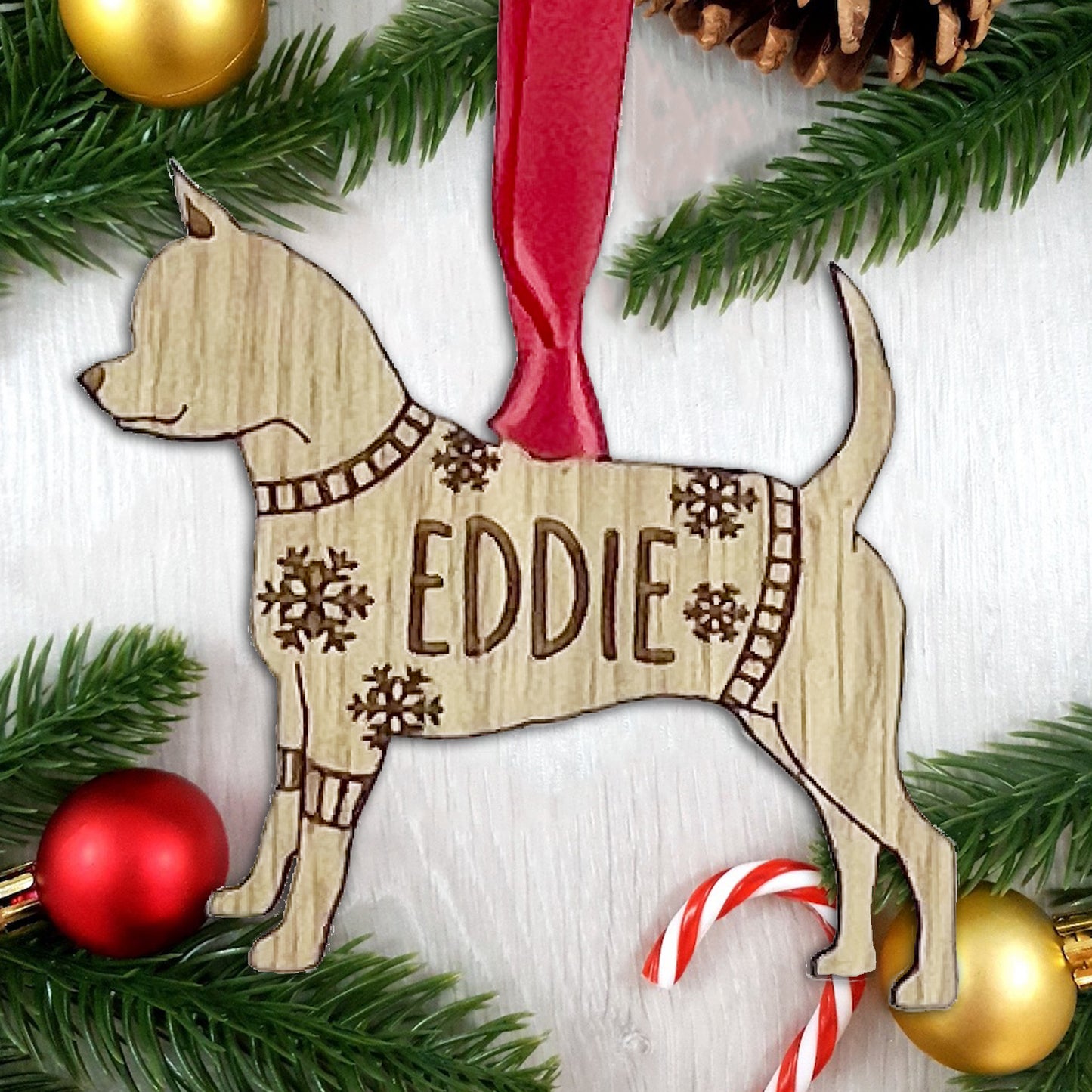 Personalised Smooth Coat Chihuahua Bauble Jumper Dog Bauble - Oak Veneer Wood - Add any name