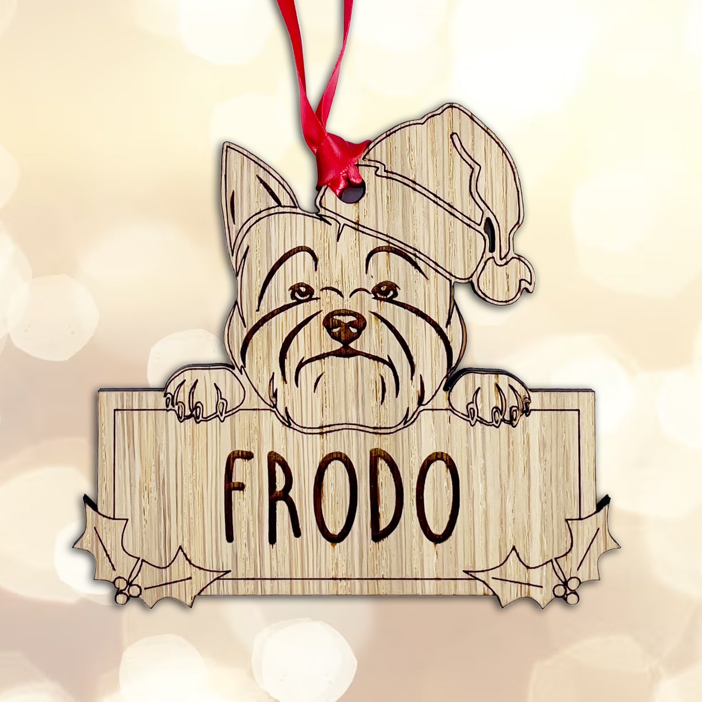 Personalised Yorkshire Terrier Dog Bauble - Peeking Dog - Oak Veneer Wood - Add your own name!