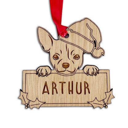 Personalised Chihuahua Dog Bauble - Peeking Dog - Oak Veneer Wood - Add your own name!