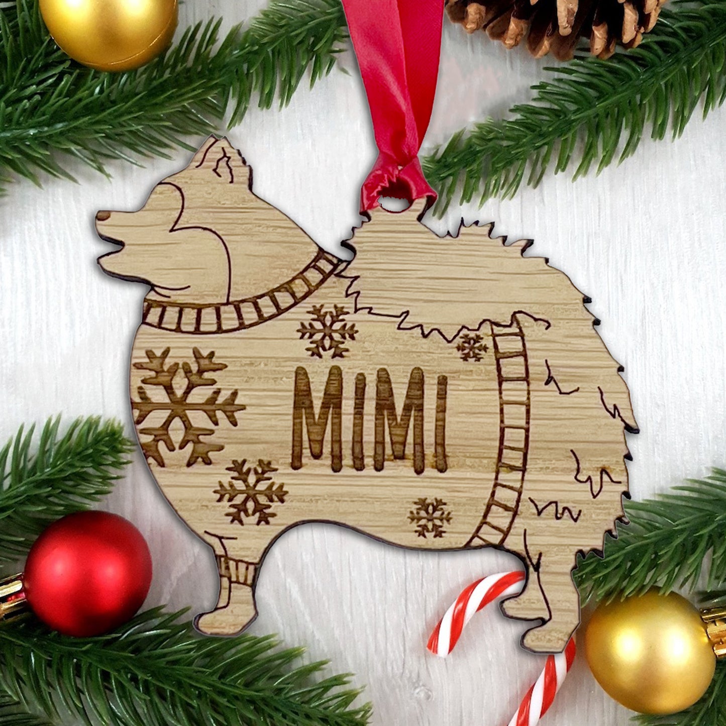 Personalised Pomeranian Bauble Jumper Dog Bauble - Oak Veneer Wood - Add any name