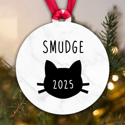 Personalised Cat Name and Year Bauble Christmas Tree Decoration - Acrylic - Gift Boxed