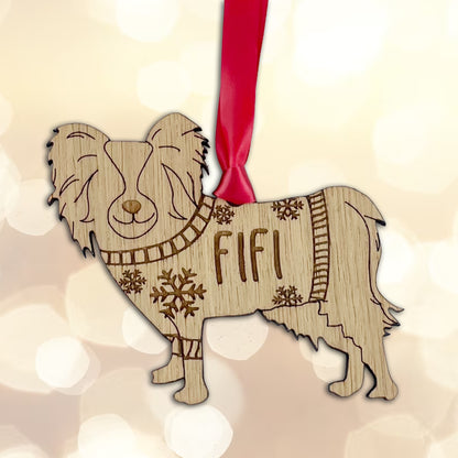 Personalised Papillion Bauble Jumper Dog Bauble - Oak Veneer Wood - Add any name