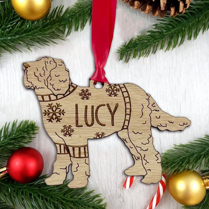 Personalised Laradoodle Bauble Jumper Dog Bauble - Oak Veneer Wood - Add any name