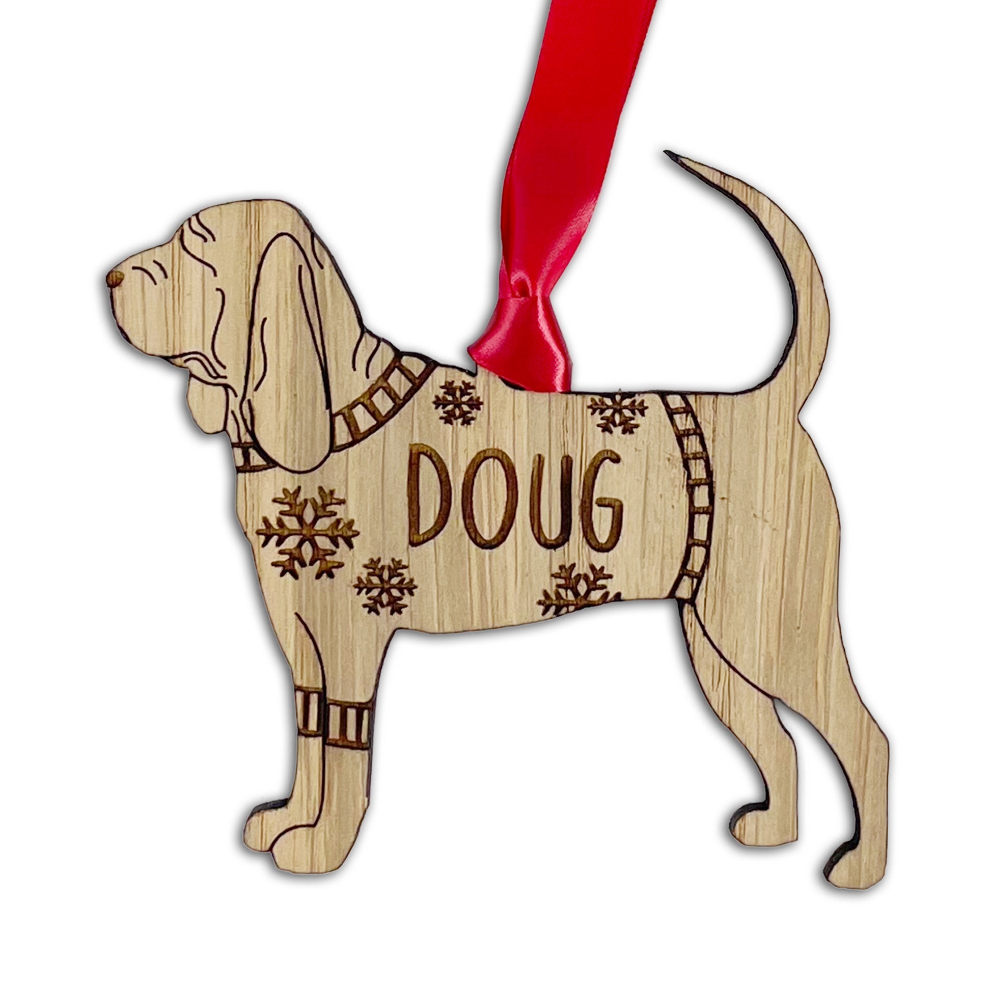 Personalised Blood Hound Bauble Jumper Dog Bauble - Oak Veneer Wood - Add any name