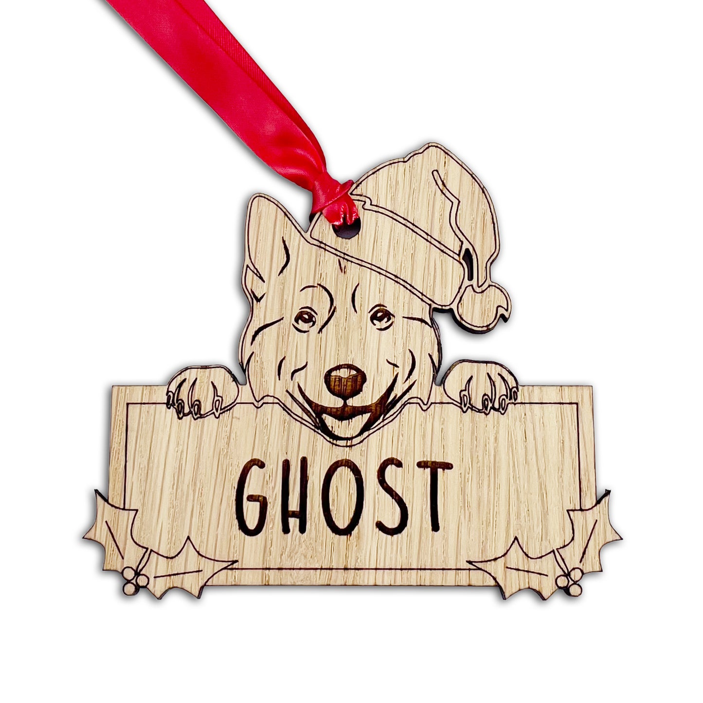 Personalised Husky Dog Bauble - Peeking Dog - Oak Veneer Wood - Add your own name!