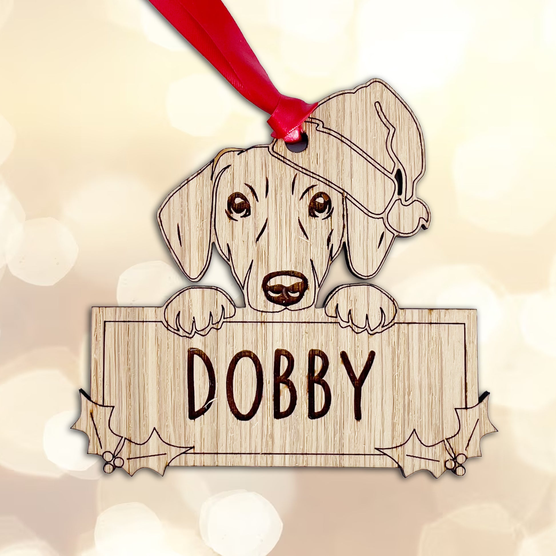 Personalised Dachshund Dog Bauble - Peeking Dog - Oak Veneer Wood - Add your own name!