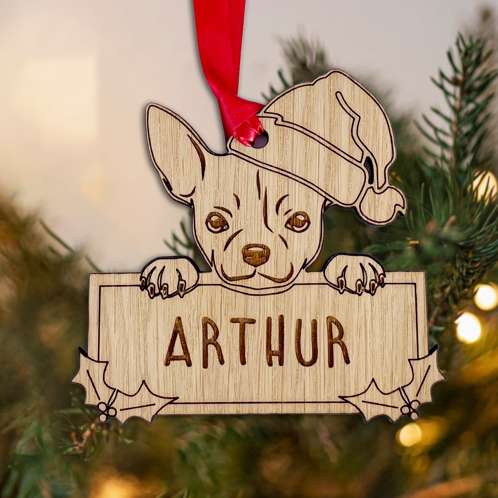 Personalised Chihuahua Dog Bauble - Peeking Dog - Oak Veneer Wood - Add your own name!