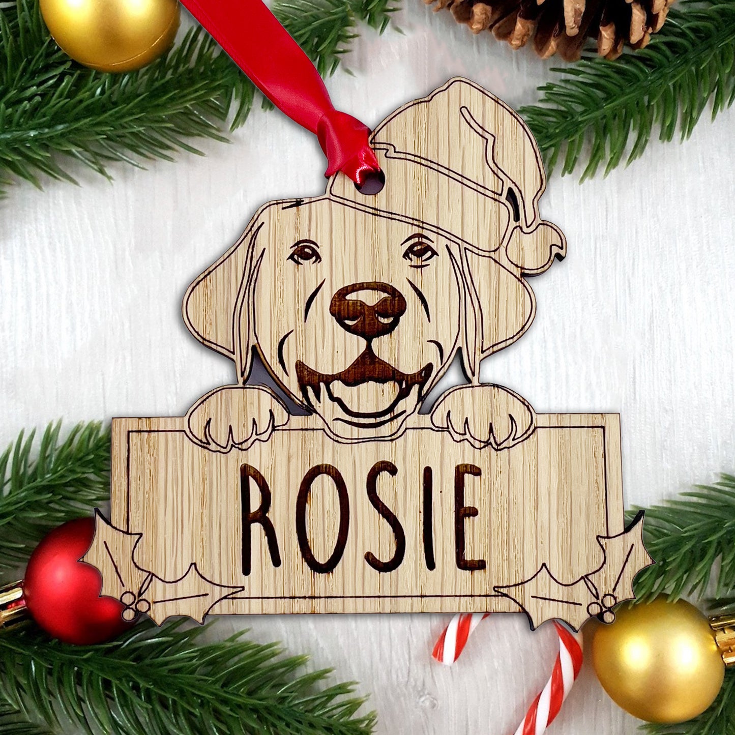 Personalised Labrador Dog Bauble - Peeking Dog - Oak Veneer Wood - Add your own name!