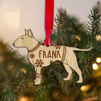 Personalised English Bull Terrier Bauble Jumper Dog Bauble - Oak Veneer Wood - Add any name