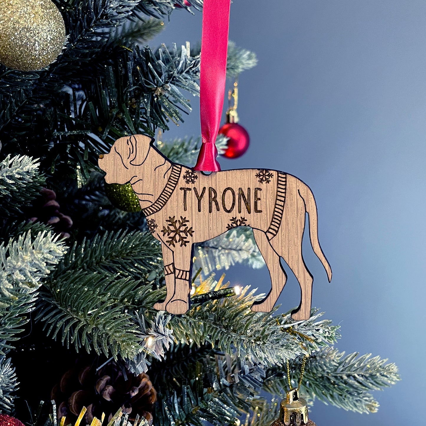 Personalised English Mastiff Bauble Jumper Dog Bauble - Oak Veneer Wood - Add any name