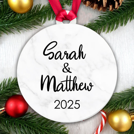 Personalised Couple Marble Bauble Tree Decoration Xmas Gift Idea Secret Santa - Add Names & Year!