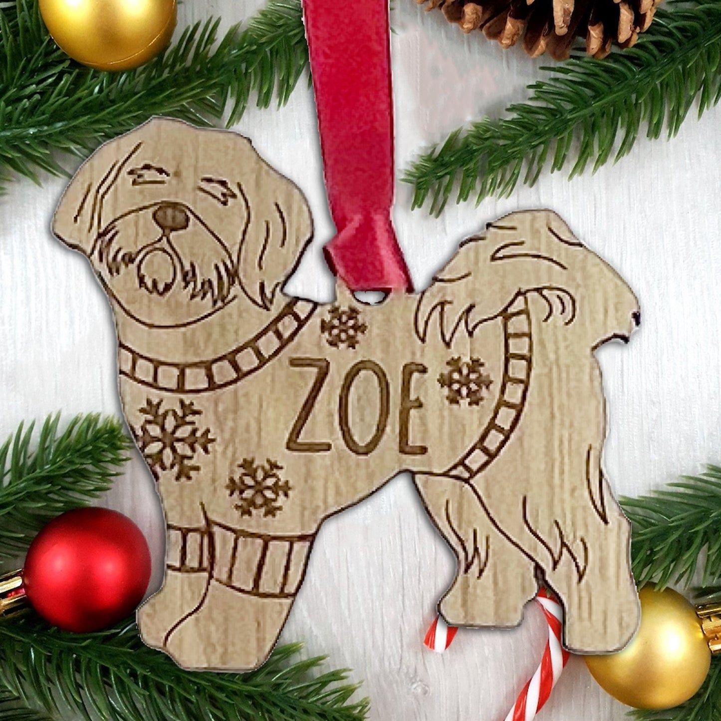 Personalised Shih Tzu Bauble Jumper Dog Bauble - Oak Veneer Wood - Add any name