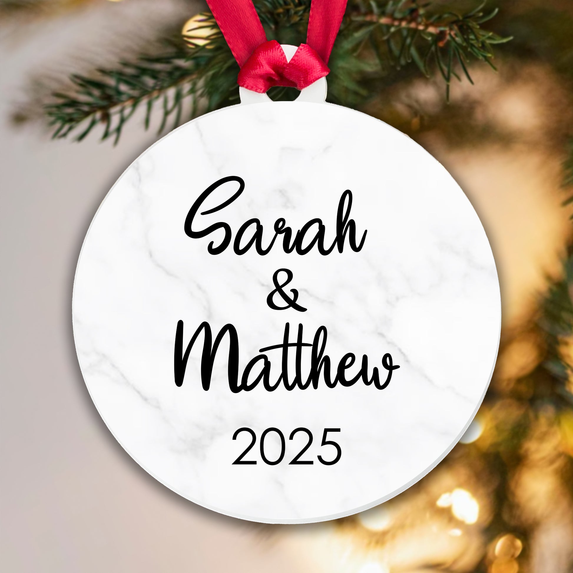 Personalised Couple Marble Bauble Tree Decoration Xmas Gift Idea Secret Santa - Add Names & Year! - Gift Boxed