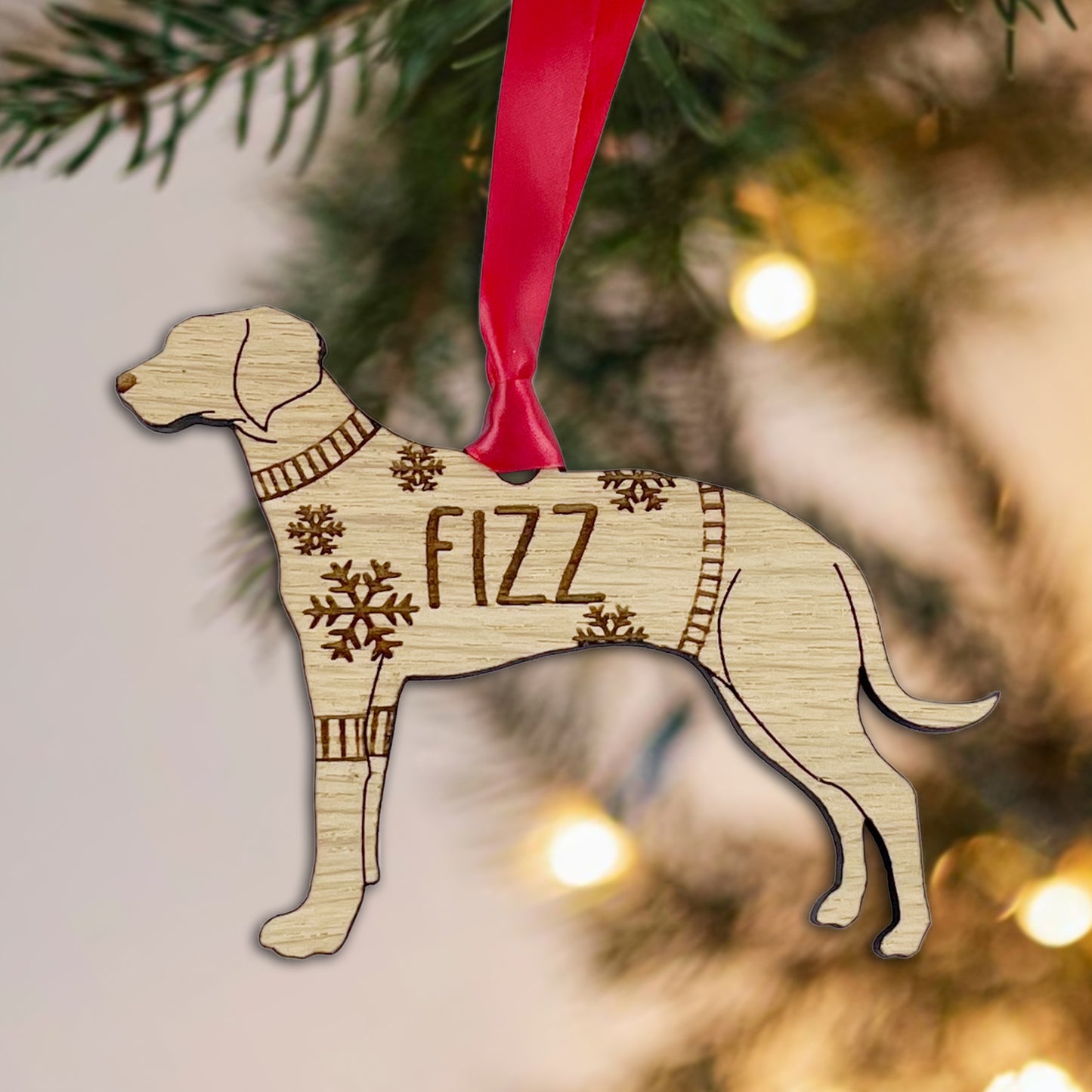 Personalised Rhodesian Bauble Jumper Dog Bauble - Oak Veneer Wood - Add any name