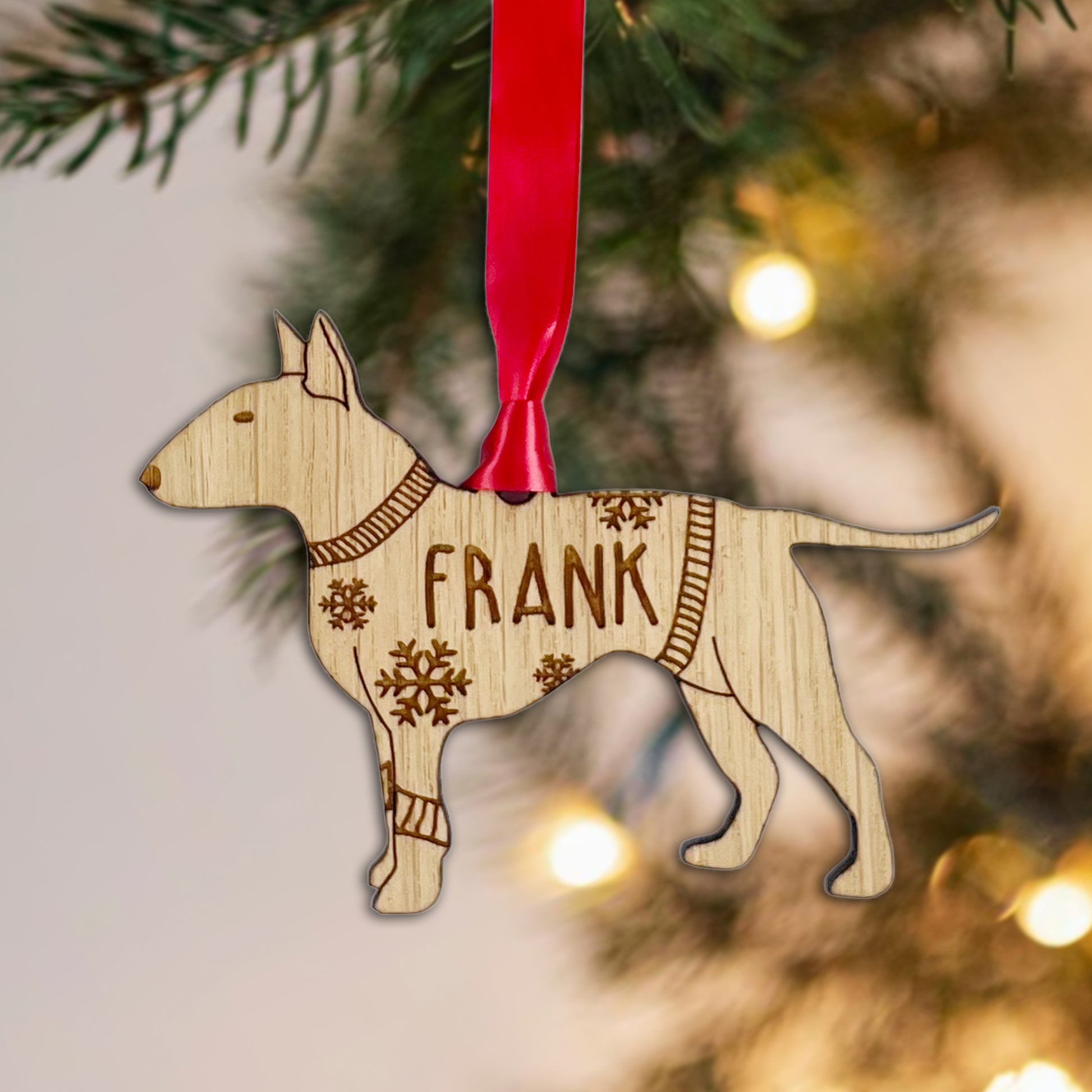 Personalised English Bull Terrier Bauble Jumper Dog Bauble - Oak Veneer Wood - Add any name