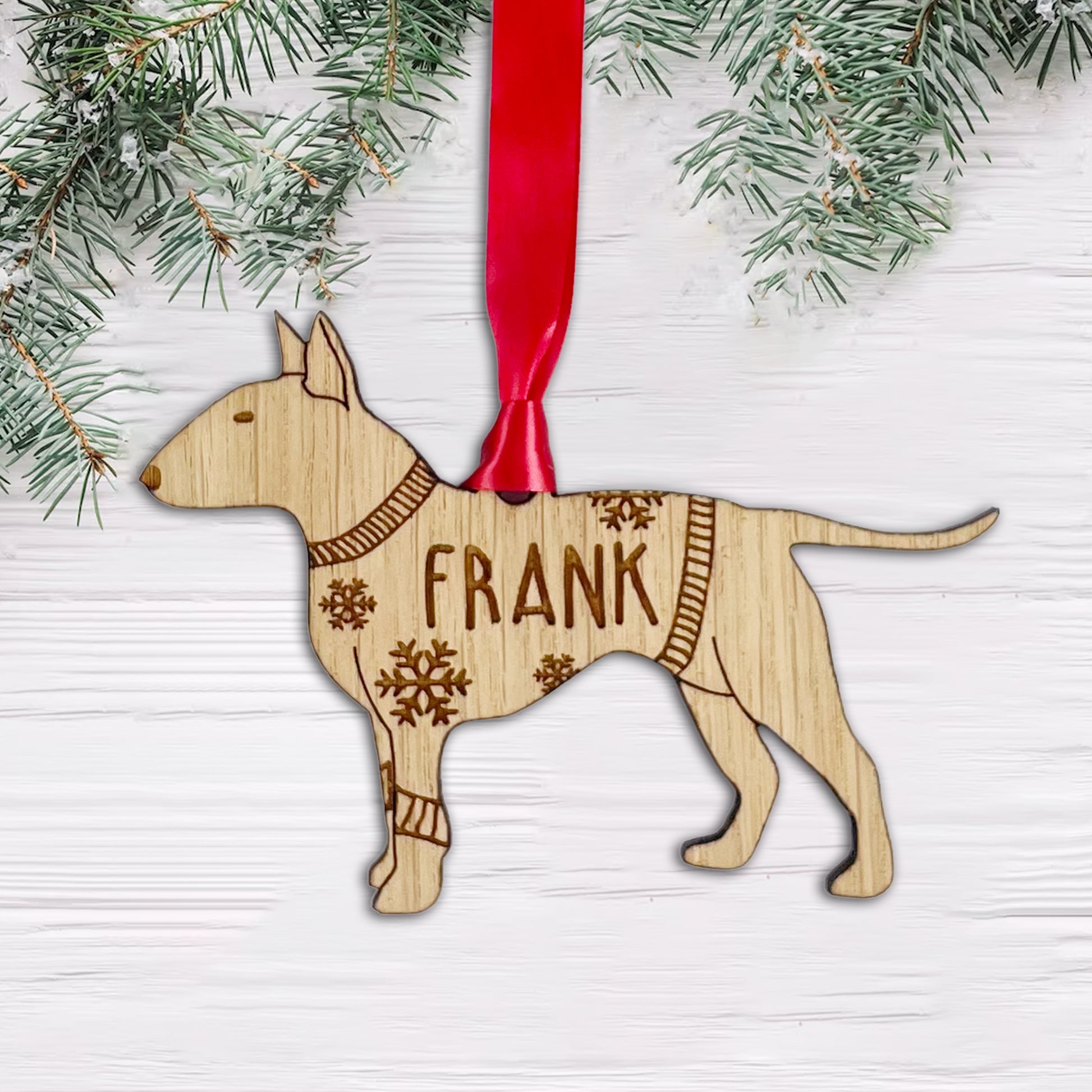 Personalised English Bull Terrier Bauble Jumper Dog Bauble - Oak Veneer Wood - Add any name