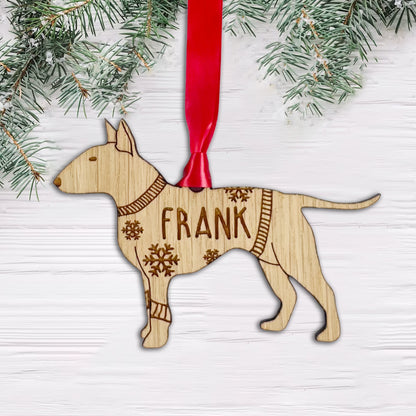 Personalised English Bull Terrier Bauble Jumper Dog Bauble - Oak Veneer Wood - Add any name