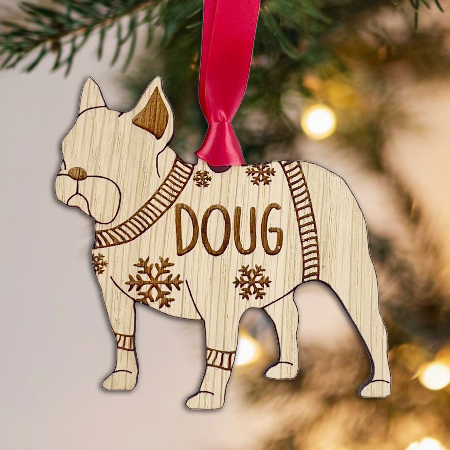 Personalised French Bulldog Bauble Jumper Dog Bauble - Oak Veneer Wood - Add any name