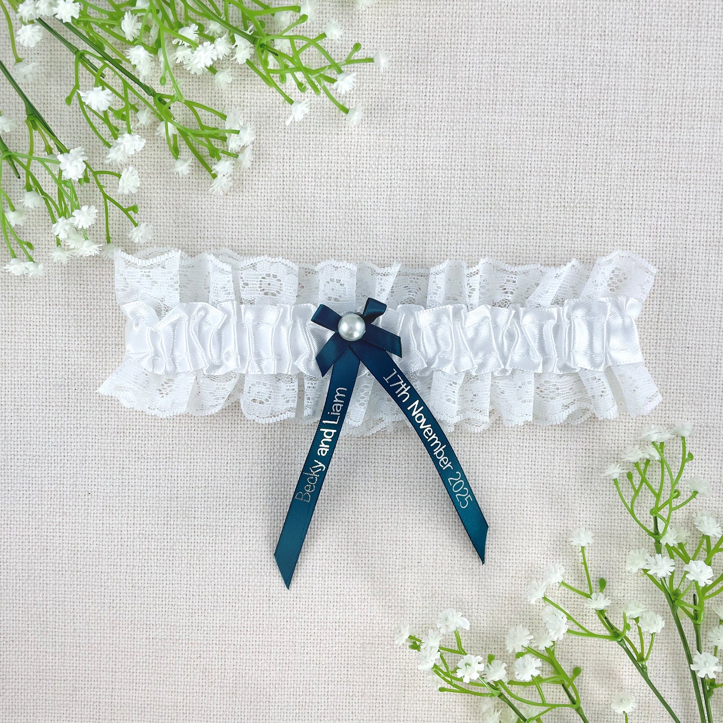 Personalised Garter Teal with Silver Text