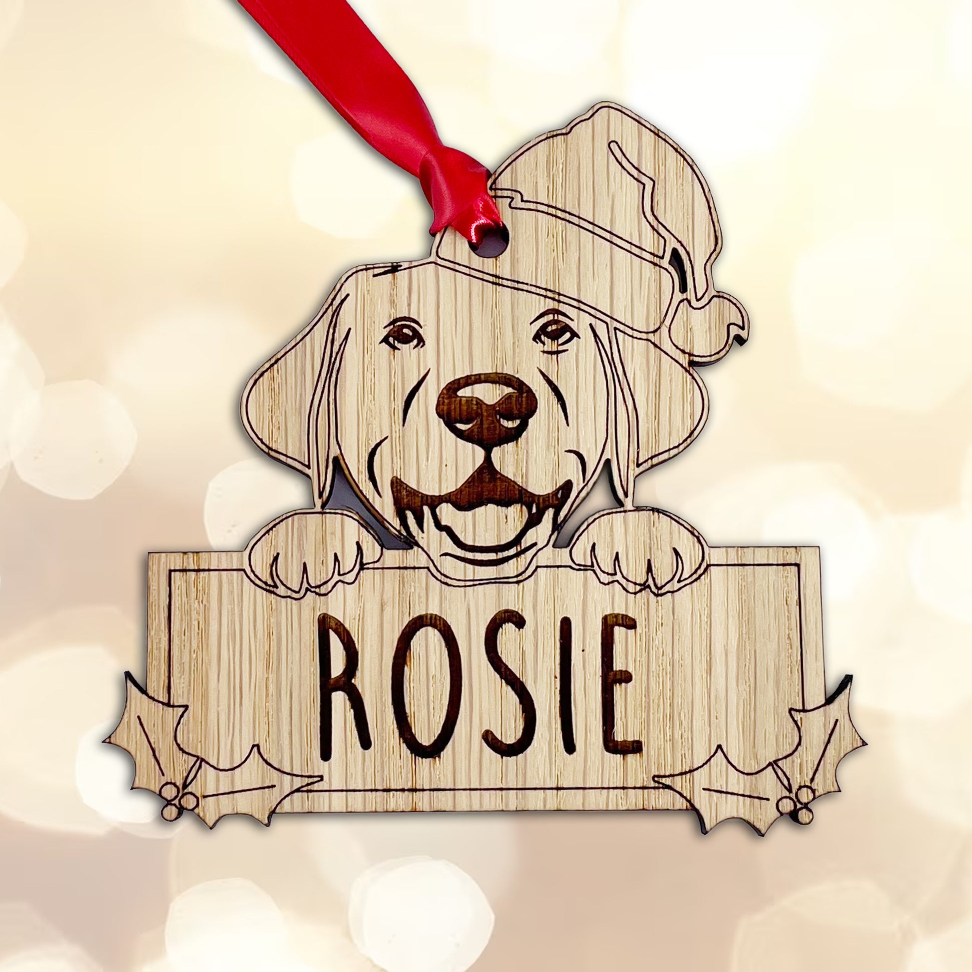 Personalised Labrador Dog Bauble - Peeking Dog - Oak Veneer Wood - Add your own name!