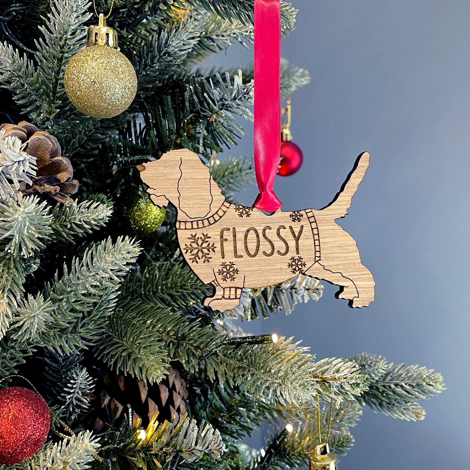 Personalised Petit Basset Griffon Vendeen Bauble Jumper Dog Bauble - Oak Veneer Wood - Add any name