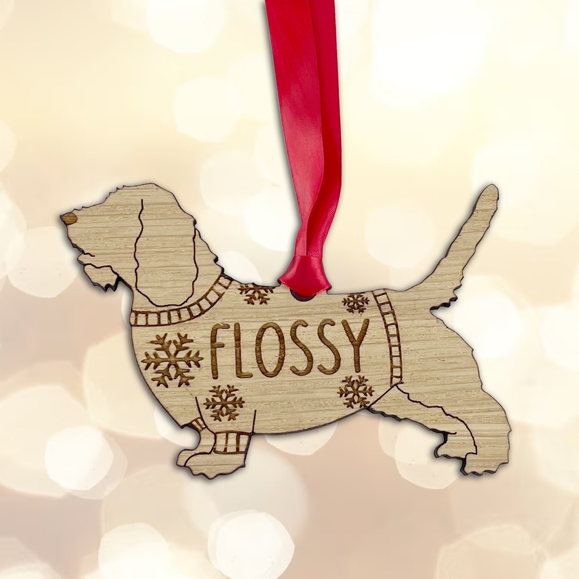 Personalised Petit Basset Griffon Vendeen Bauble Jumper Dog Bauble - Oak Veneer Wood - Add any name