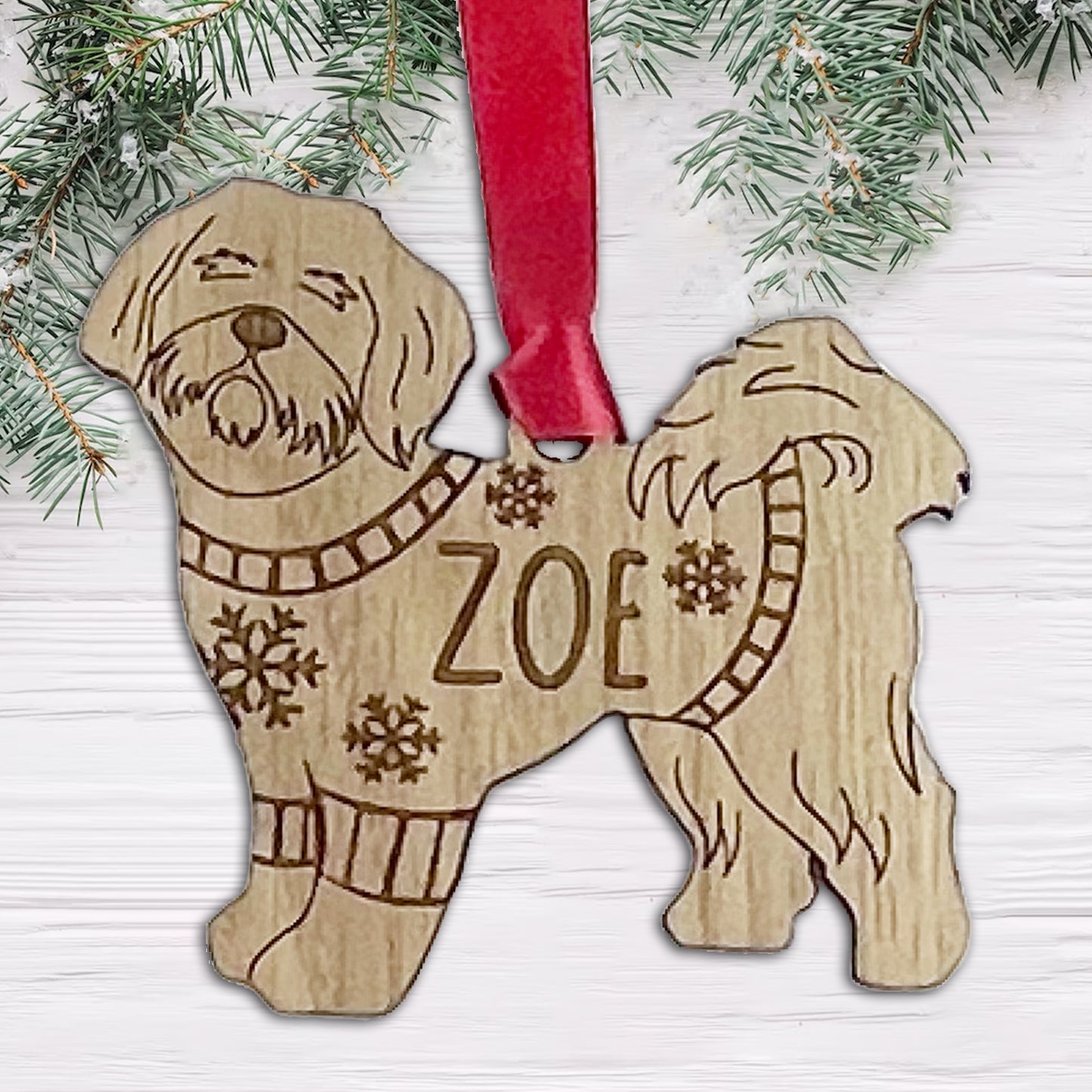 Personalised Shih Tzu Bauble Jumper Dog Bauble - Oak Veneer Wood - Add any name