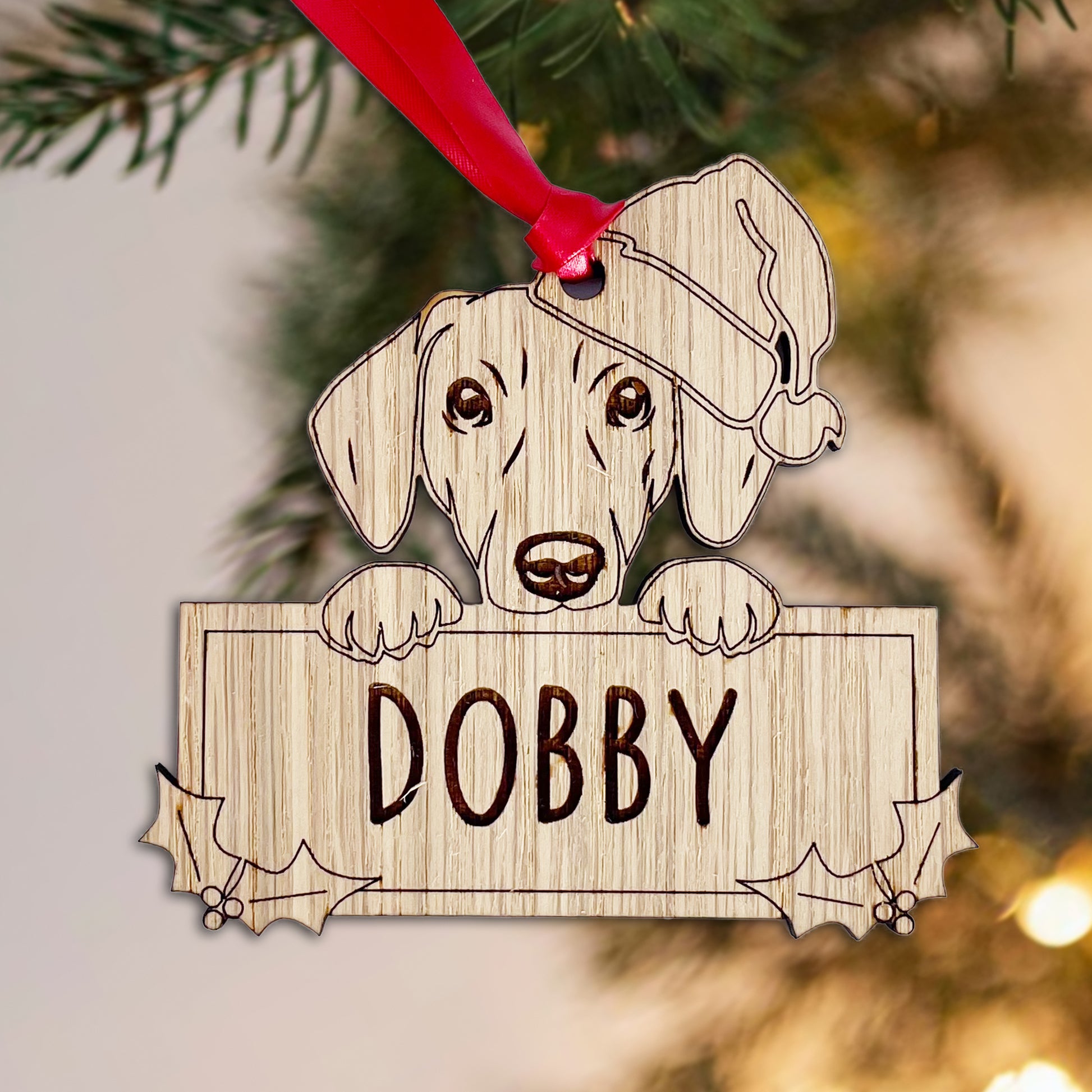 Personalised Dachshund Dog Bauble - Peeking Dog - Oak Veneer Wood - Add your own name!