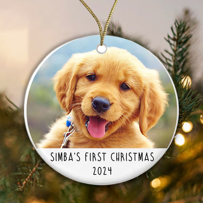 Personalised Pet's First Christmas Photo Bauble, Puppy Dog or Pet Xmas Tree Decoration - Gift Boxed