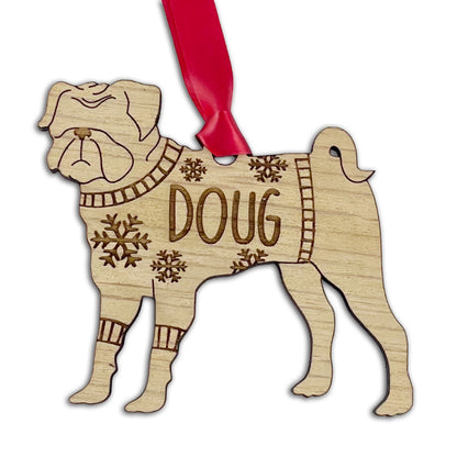 Personalised Pug Bauble Jumper Dog Bauble - Oak Veneer Wood - Add any name