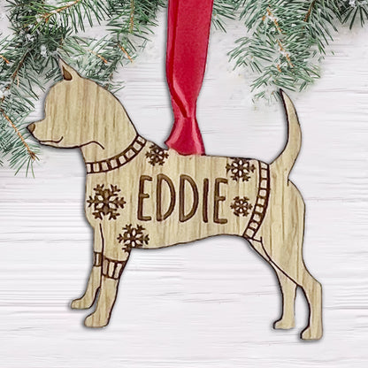 Personalised Smooth Coat Chihuahua Bauble Jumper Dog Bauble - Oak Veneer Wood - Add any name