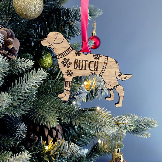 Personalised Rottweiler Bauble Jumper Dog Bauble - Oak Veneer Wood - Add any name