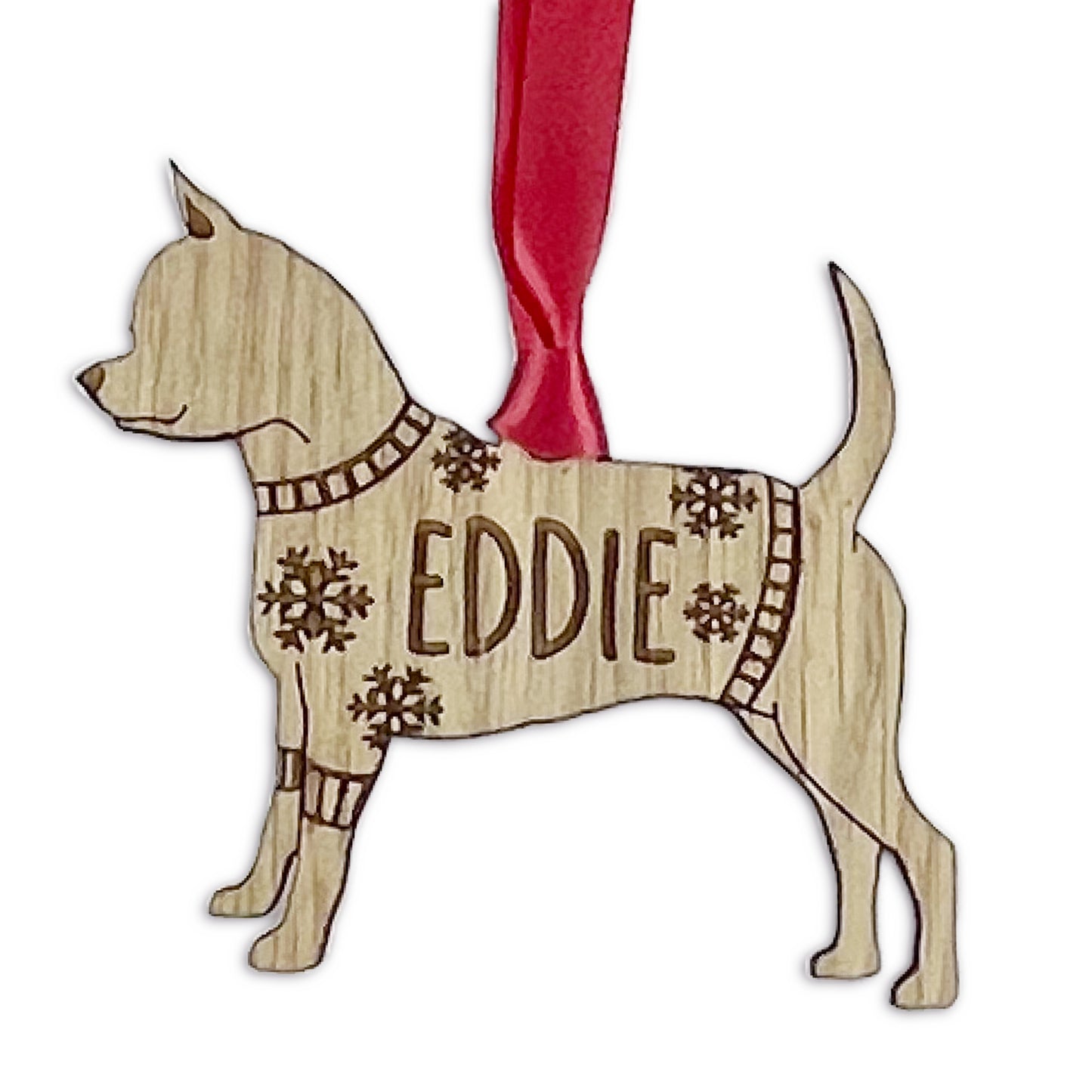 Personalised Smooth Coat Chihuahua Bauble Jumper Dog Bauble - Oak Veneer Wood - Add any name