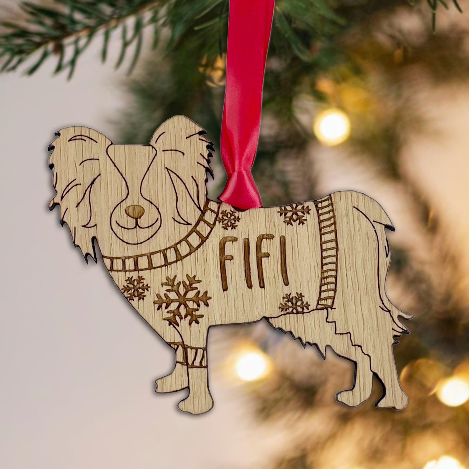 Personalised Papillion Bauble Jumper Dog Bauble - Oak Veneer Wood - Add any name