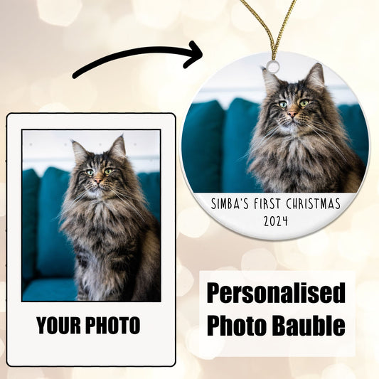 Personalised Cat's First Christmas Photo Bauble - Ceramic