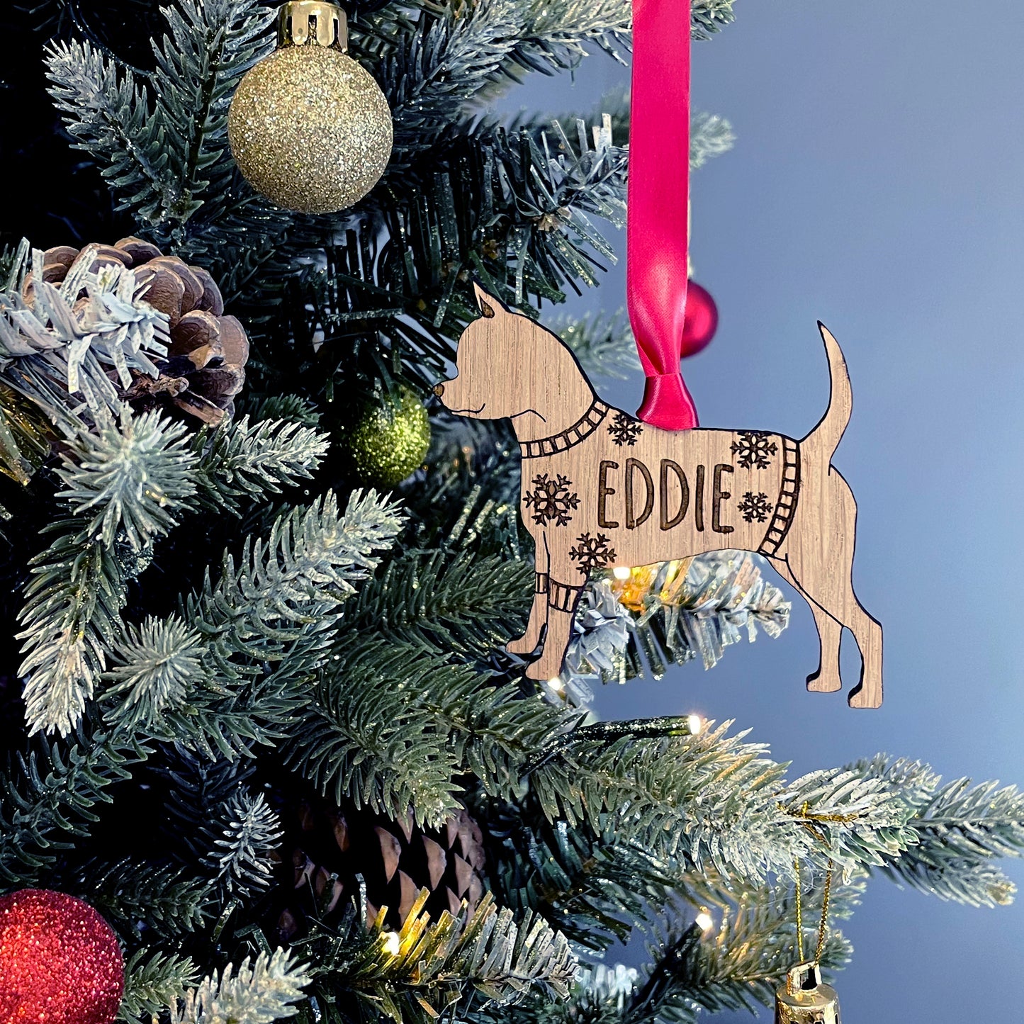 Personalised Smooth Coat Chihuahua Bauble Jumper Dog Bauble - Oak Veneer Wood - Add any name