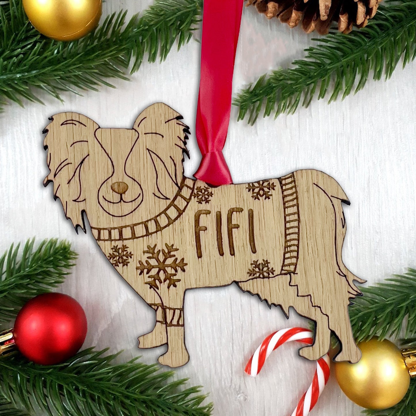 Personalised Papillion Bauble Jumper Dog Bauble - Oak Veneer Wood - Add any name