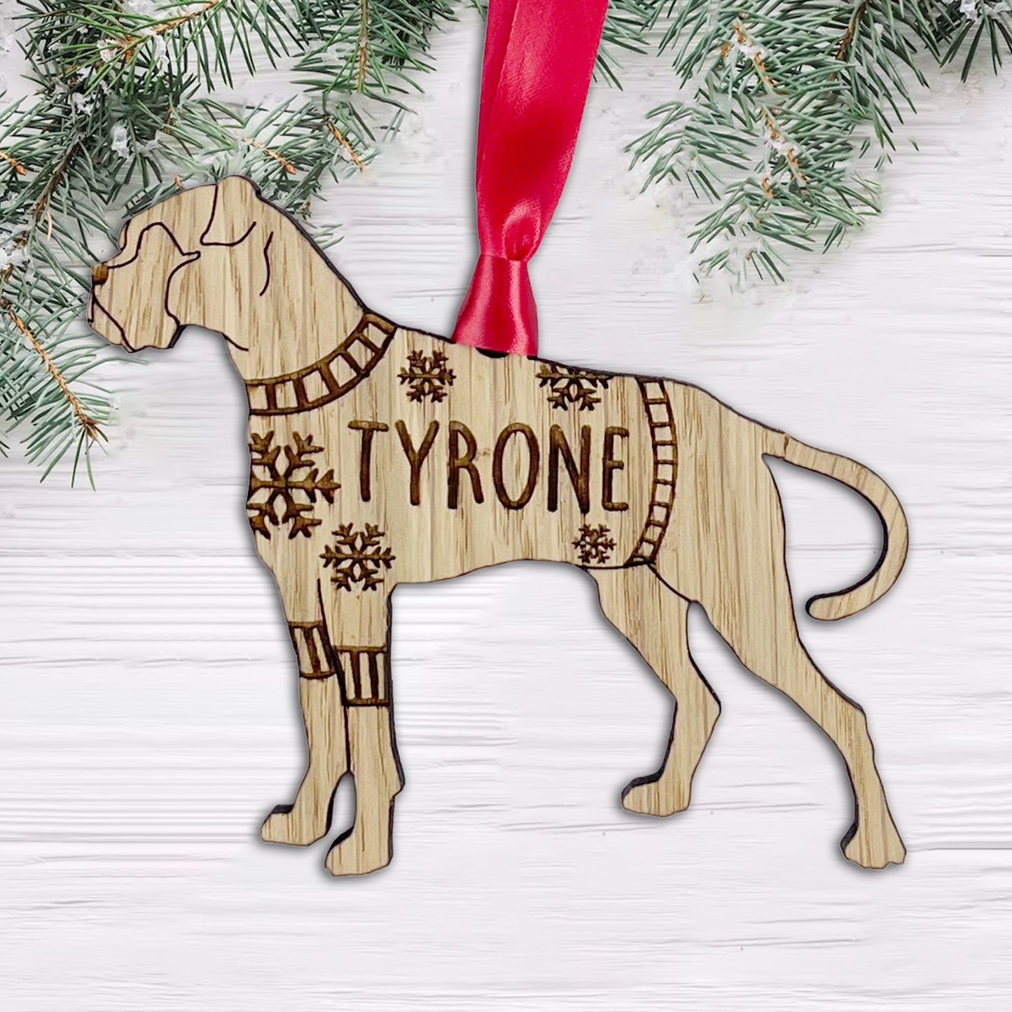 Personalised Boxer Bauble Jumper Dog Bauble - Oak Veneer Wood - Add any name