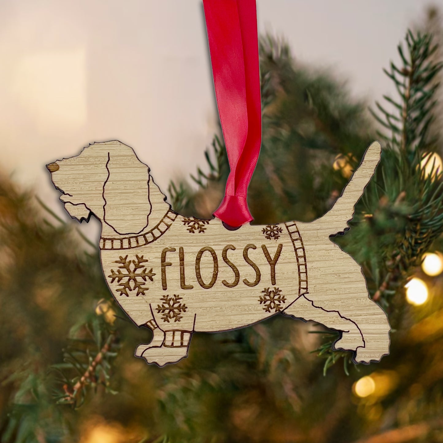 Personalised Petit Basset Griffon Vendeen Bauble Jumper Dog Bauble - Oak Veneer Wood - Add any name