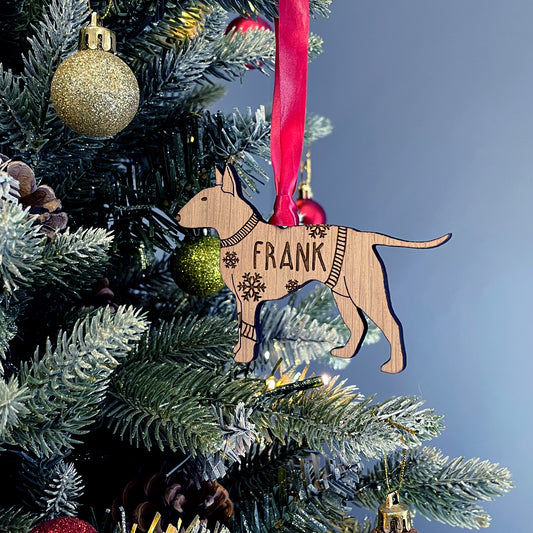 Personalised English Bull Terrier Bauble Jumper Dog Bauble - Oak Veneer Wood - Add any name