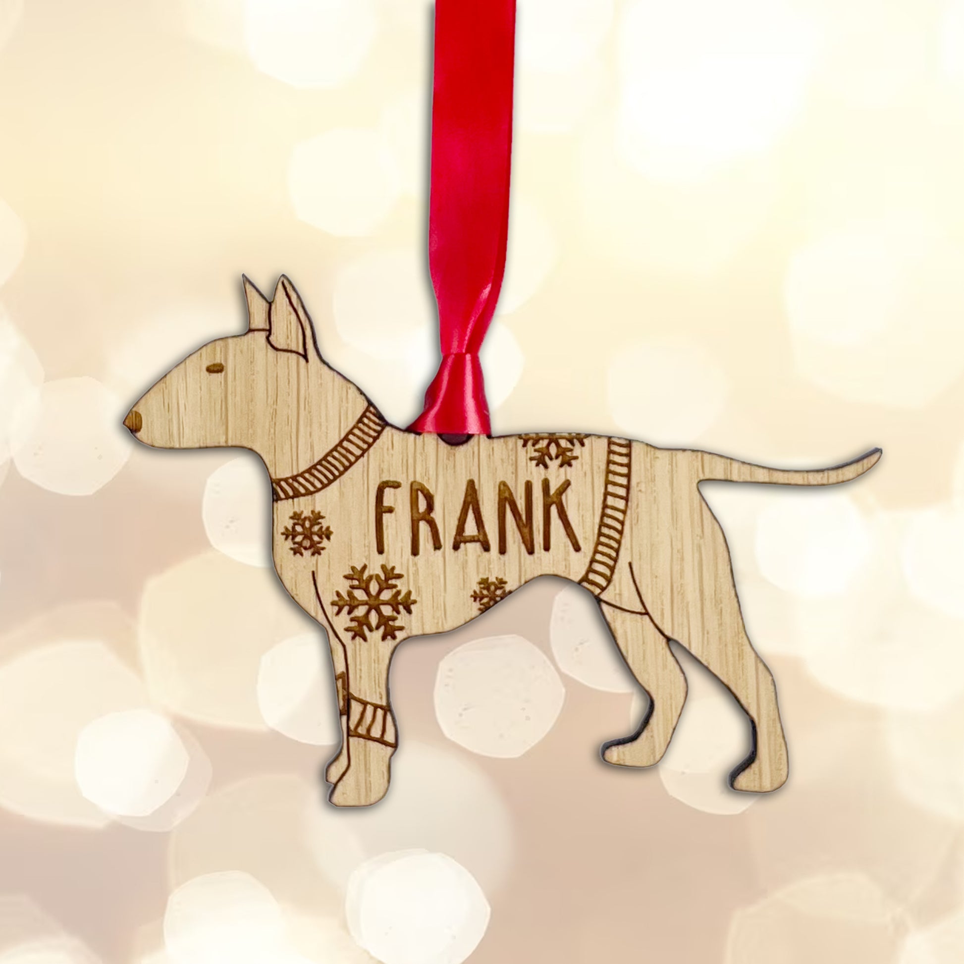 Personalised English Bull Terrier Bauble Jumper Dog Bauble - Oak Veneer Wood - Add any name