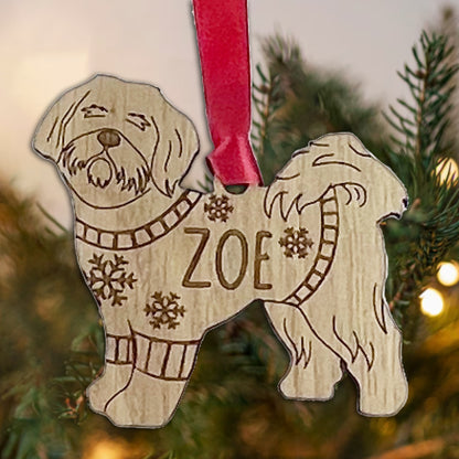 Personalised Shih Tzu Bauble Jumper Dog Bauble - Oak Veneer Wood - Add any name