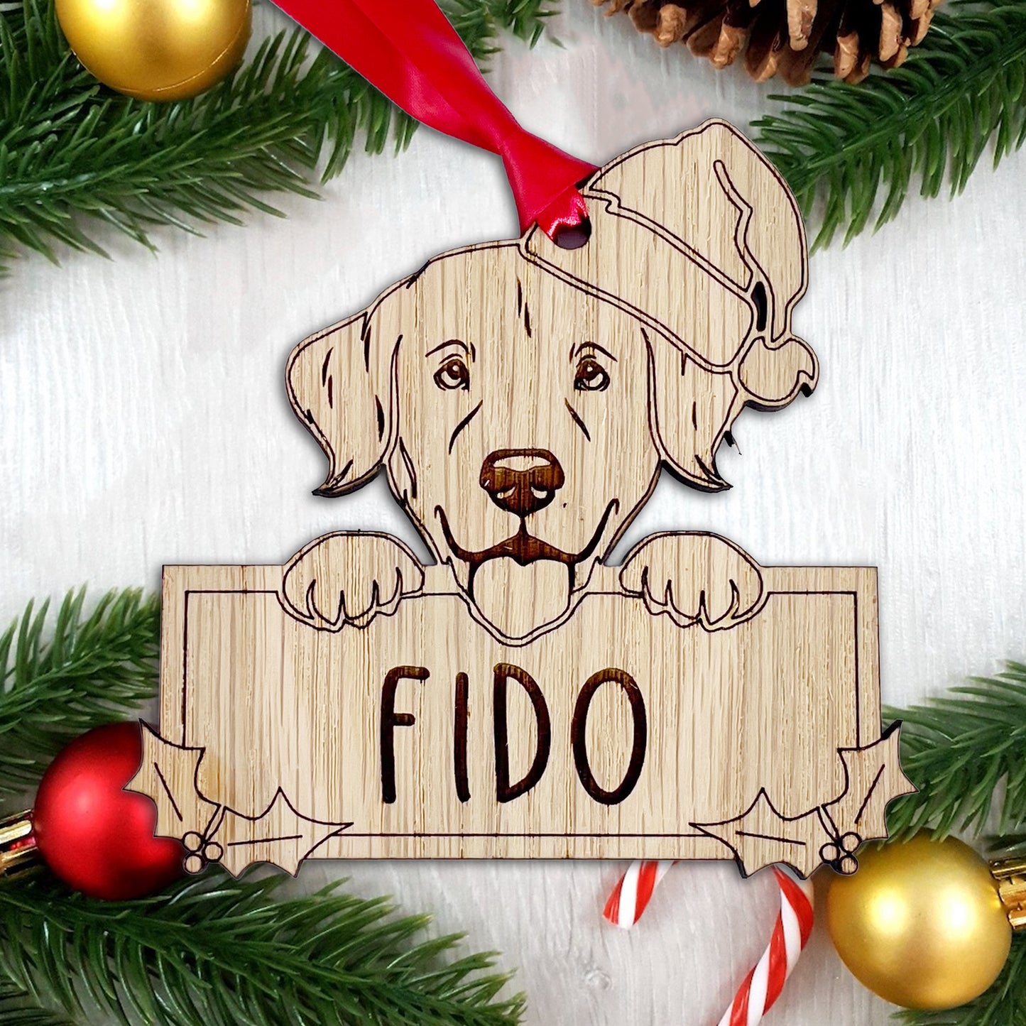 Personalised Golden Retriever Dog Bauble - Peeking Dog - Oak Veneer Wood - Add your own name!