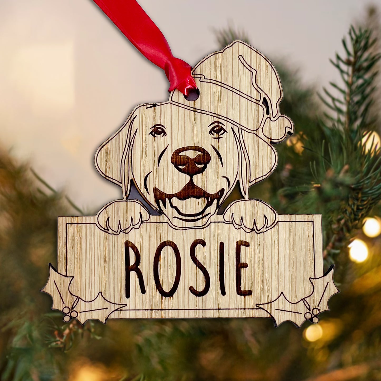 Personalised Labrador Dog Bauble - Peeking Dog - Oak Veneer Wood - Add your own name!