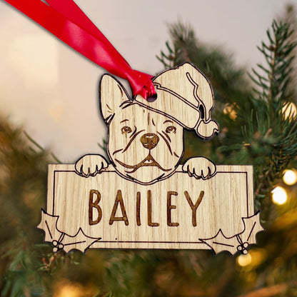 Personalised French Bull Dog Bauble - Peeking Dog - Oak Veneer Wood - Add your own name!