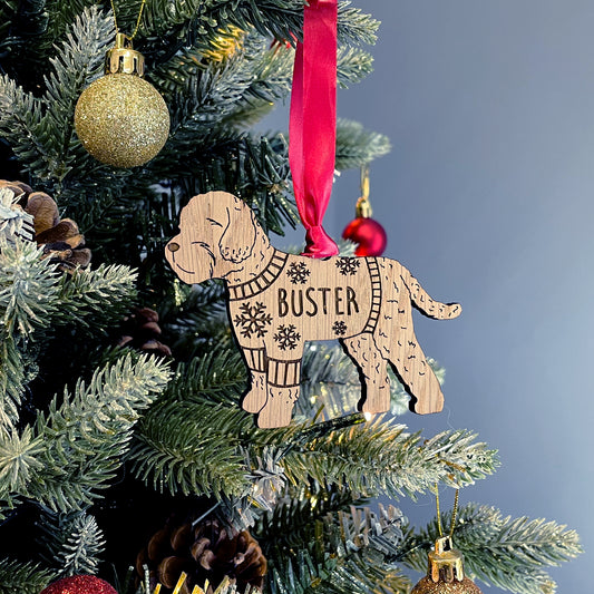 Personalised Cockapoo Bauble Jumper Dog Bauble - Oak Veneer Wood - Add any name