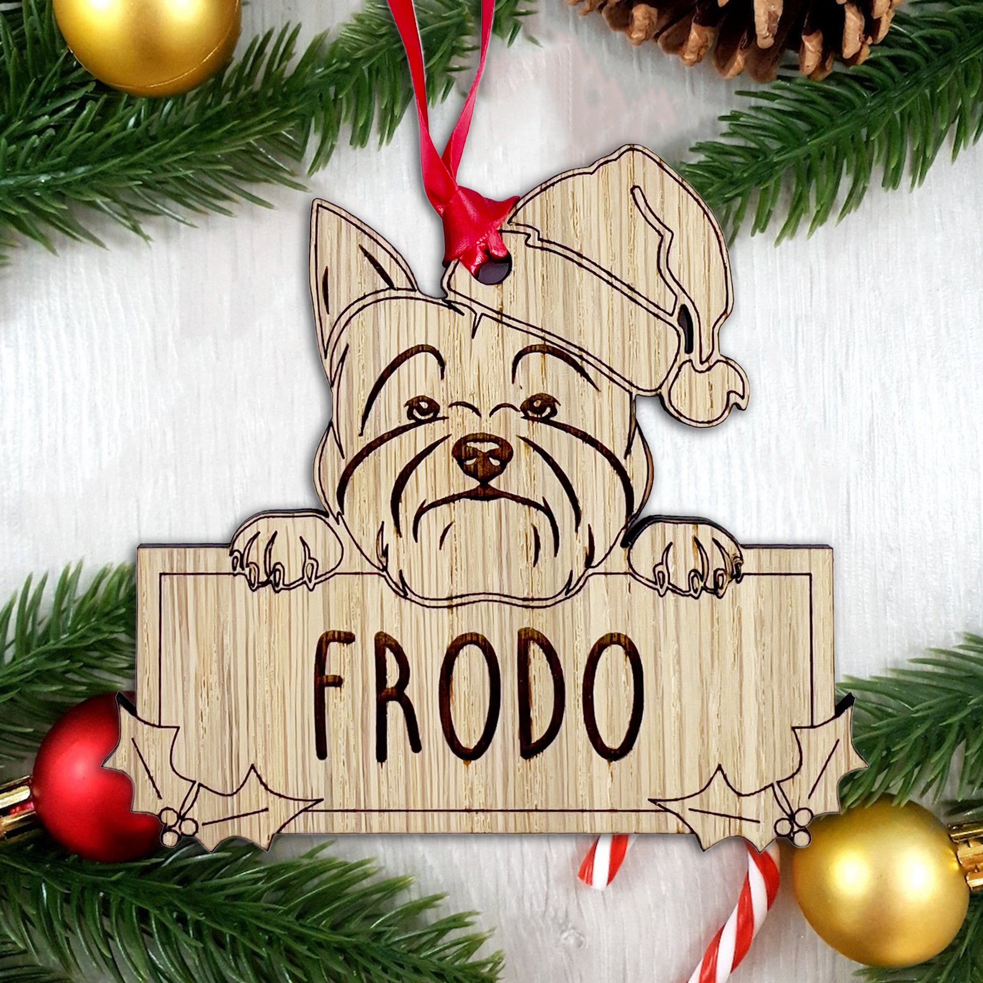 Personalised Yorkshire Terrier Dog Bauble - Peeking Dog - Oak Veneer Wood - Add your own name!